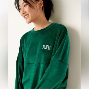 PINK VS Limited Edition Varsity Velour Crew Holiday Green Embroidered Logo Small